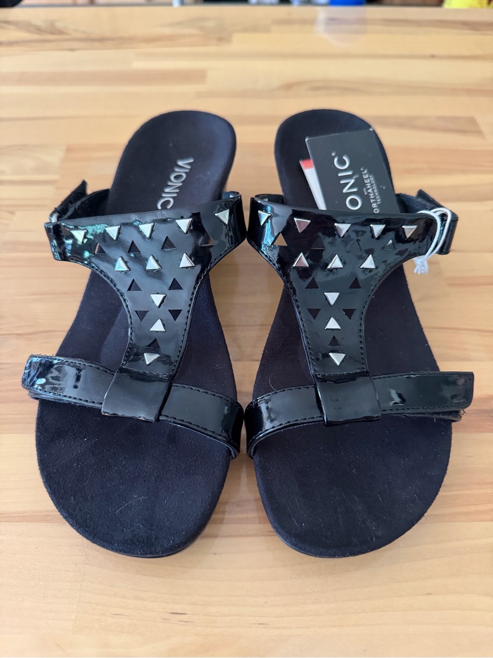 Vionic Black Patent Pyramid-Stud T-Strap Slide Sandal